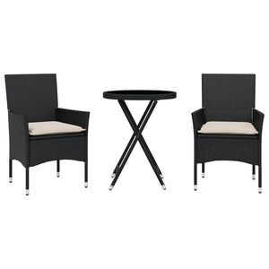 vidaXL Ensemble de bistro avec coussins 3pcs noir r&eacute;sine tress&eacute;e verre