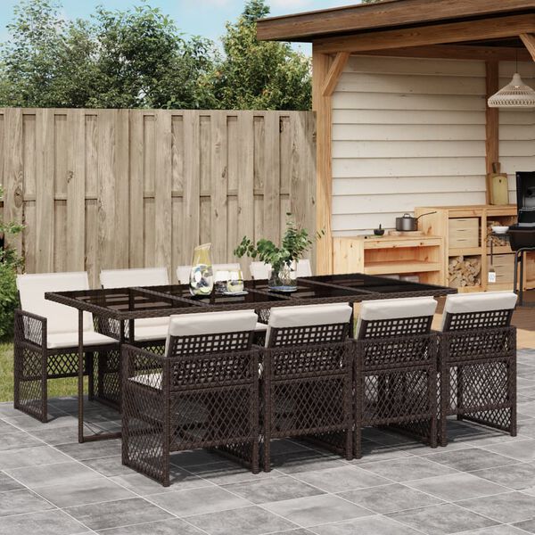 vidaXL Ensemble &agrave; manger de jardin et coussins 9 pcs marron poly rotin
