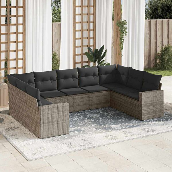 vidaXL Salon de jardin 9 pcs avec coussins gris r&eacute;sine tress&eacute;e