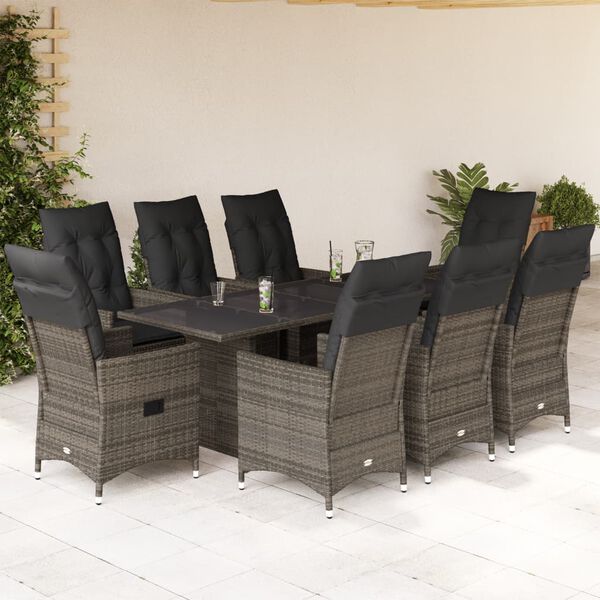 vidaXL Ensemble &agrave; manger de jardin 9 pcs coussins gris r&eacute;sine tress&eacute;e