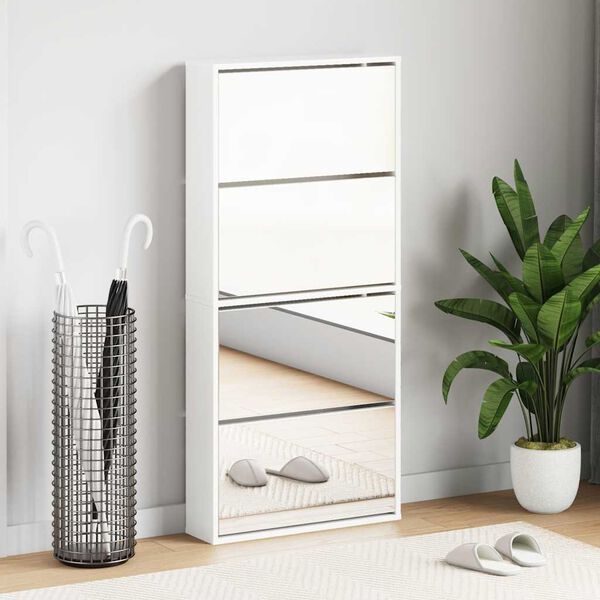vidaXL Armoire &agrave; chaussures miroir 4 niveaux blanc brillant