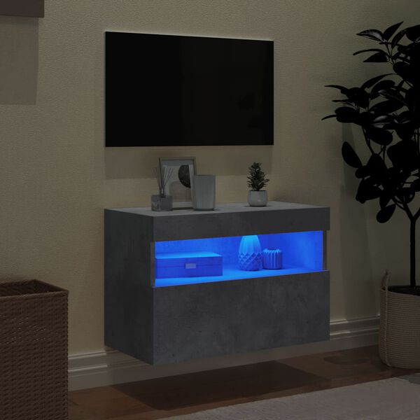 vidaXL Meuble TV mural avec lumi&egrave;res LED gris b&eacute;ton 60x30x40 cm