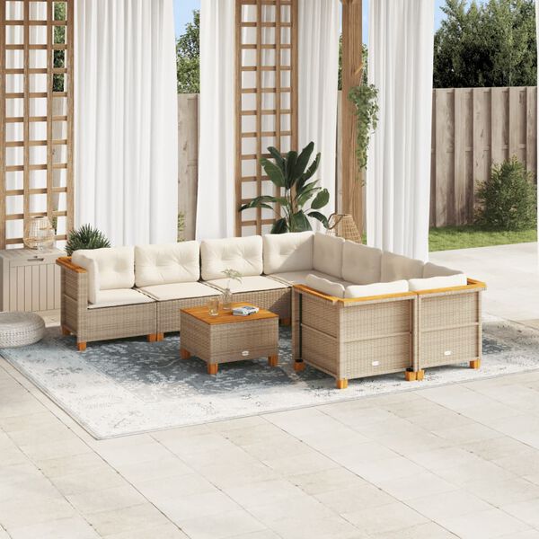 vidaXL Salon de jardin avec coussins 9 pcs beige résine tressée