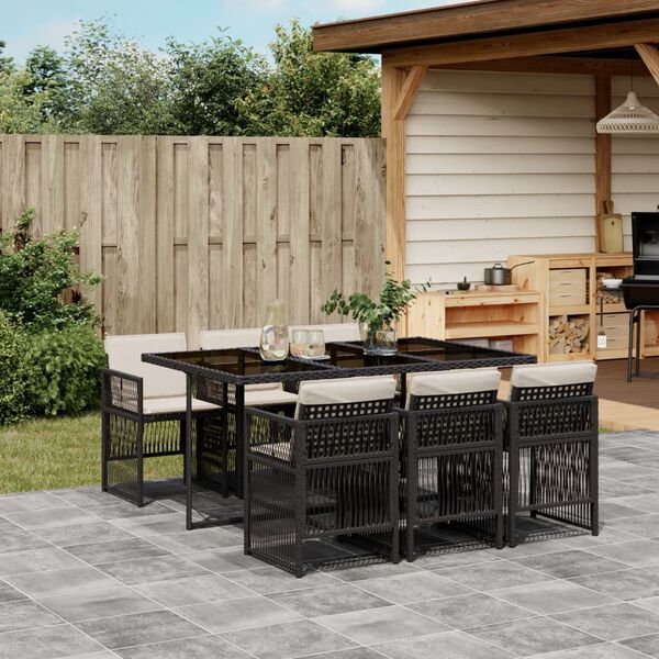 vidaXL Ensemble &agrave; manger de jardin coussins 7pcs Noir R&eacute;sine tress&eacute;e