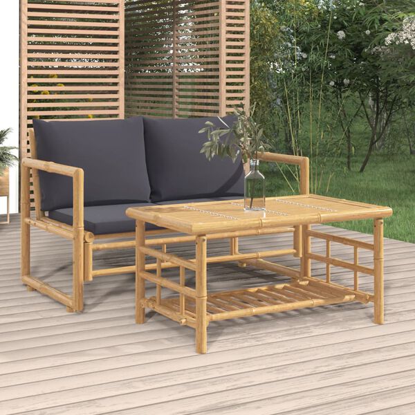 vidaXL Salon de jardin 2 pcs avec coussins gris fonc&eacute; bambou