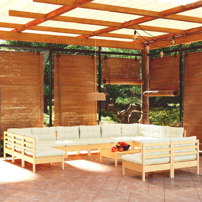 vidaXL Salon de jardin 13 pcs avec coussins crème bois de pin massif