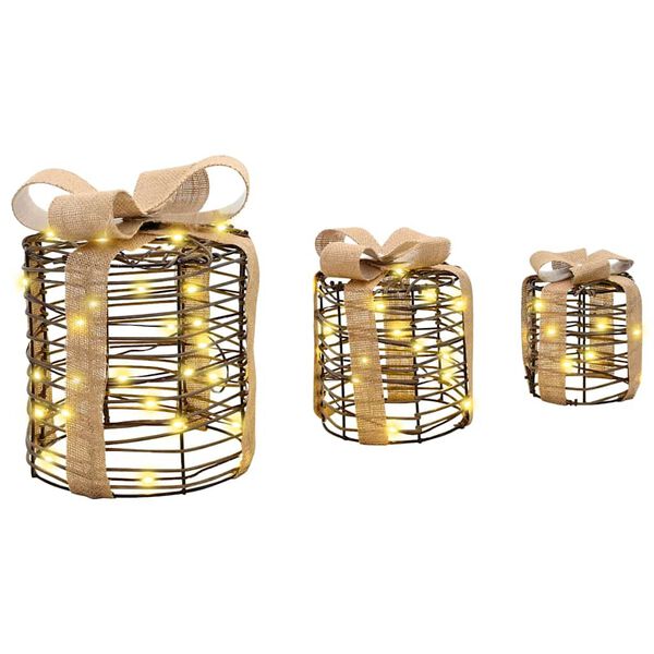 vidaXL D&eacute;coration de bo&icirc;te cadeau avec 60 LED 3 pcs Blanc chaud Rotin