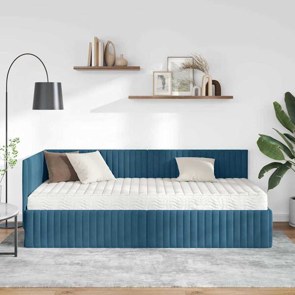 vidaXL Cadre de lit d'angle avec matelas 2 pcs Bleu Velours