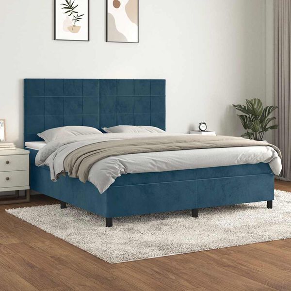 vidaXL Sommier &agrave; lattes de lit et matelas Bleu fonc&eacute; 160x200cm Velours