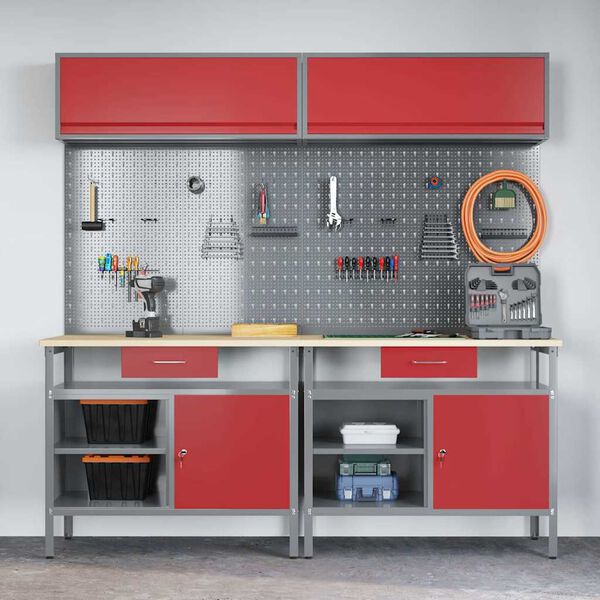 vidaXL Ensemble d'&eacute;tabli 8 pcs Rouge et Gris Acier enduit de poudre