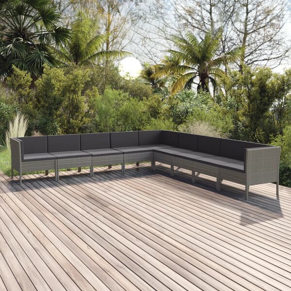 vidaXL Salon de jardin 9 pcs avec coussins R&eacute;sine tress&eacute;e Gris
