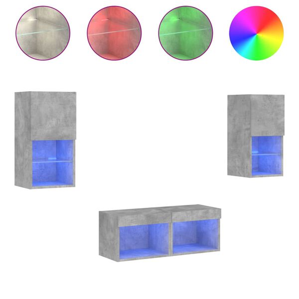 vidaXL Meuble TV muraux 4 pcs avec lumi&egrave;res LED gris b&eacute;ton