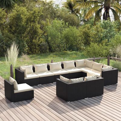 vidaXL Salon de jardin 10 pcs avec coussins Résine tressée Noir