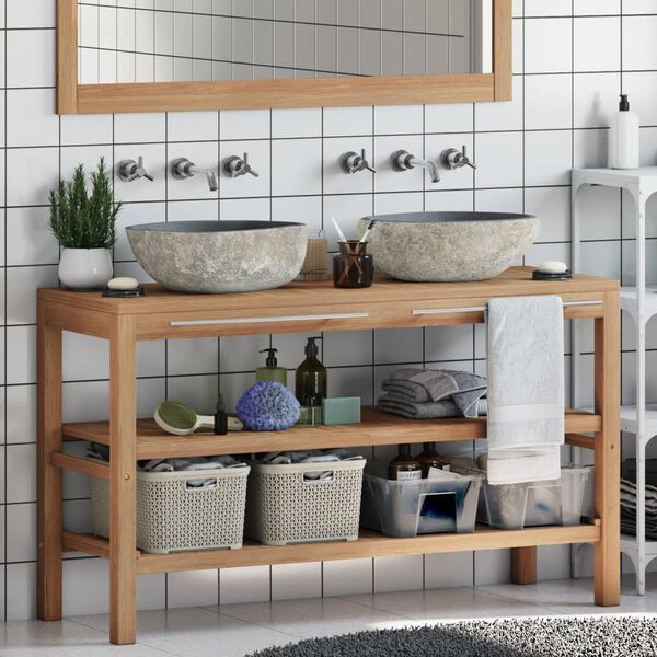vidaXL Armoire de toilette Teck solide et lavabos en pierre de rivi&egrave;re