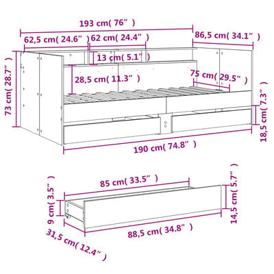 vidaXL Lit de jour avec tiroirs sans matelas chêne marron 75x190 cm