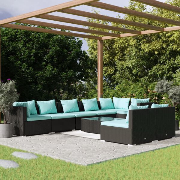 vidaXL Salon de jardin 9 pcs avec coussins Noir R&eacute;sine tress&eacute;e