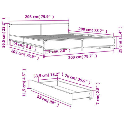vidaXL Cadre de lit et tiroirs sonoma gris 200x200cm bois d'ingénierie