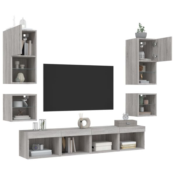 vidaXL Unit&eacute;s murales TV avec LED 8 pcs gris sonoma bois d'ing&eacute;nierie