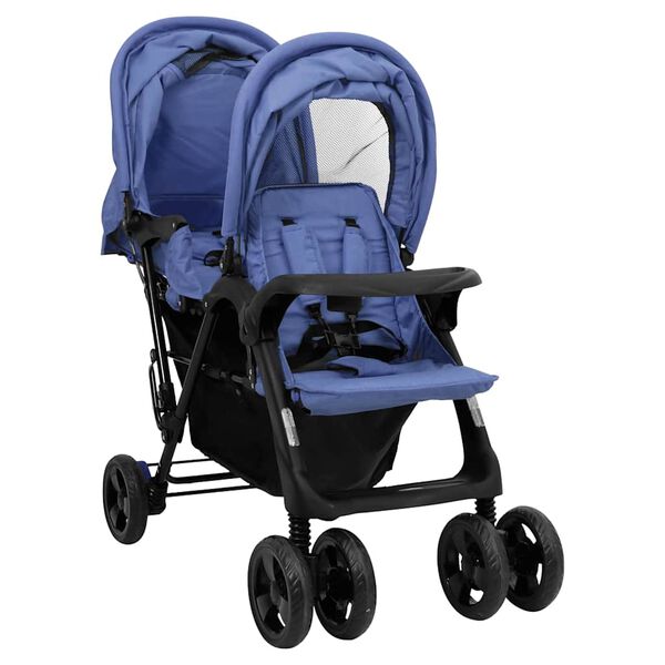 vidaXL Poussette &agrave; deux places Bleu marine Acier