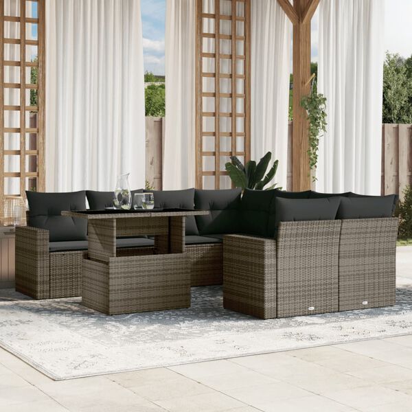vidaXL Salon de jardin 9 pcs avec coussins gris r&eacute;sine tress&eacute;e
