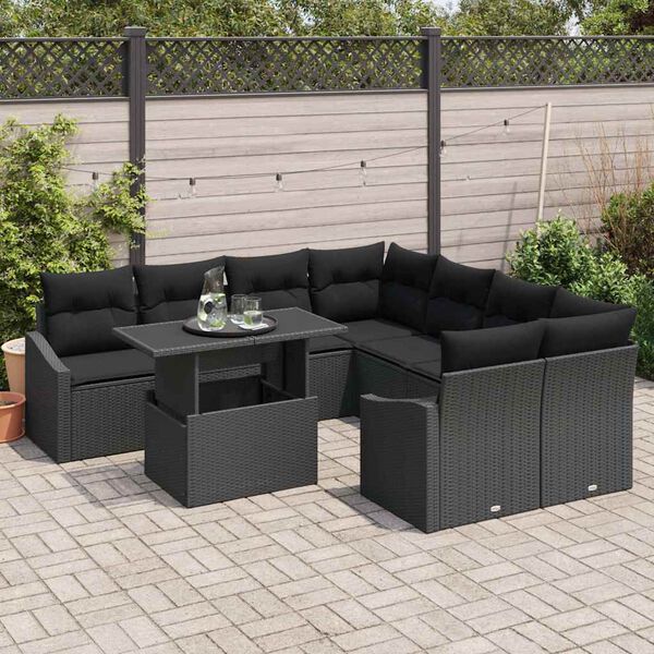 vidaXL Ensemble de canap&eacute; de jardin avec coussin 9 pcs Noir polyrotin