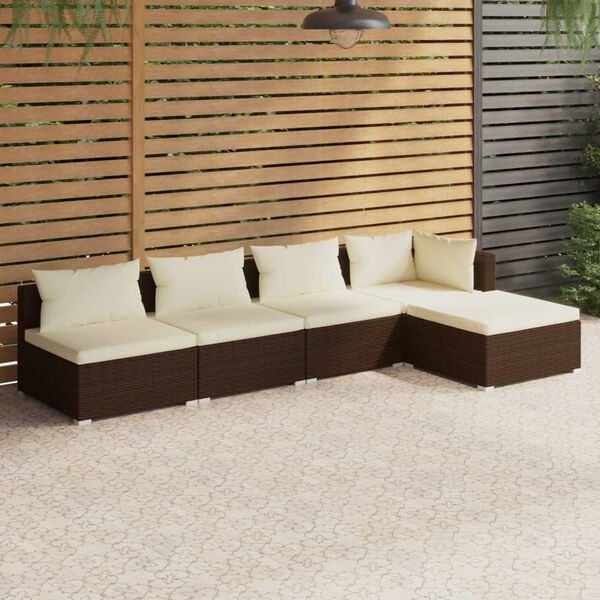 vidaXL Salon de jardin 5 pcs avec coussins R&eacute;sine tress&eacute;e Marron