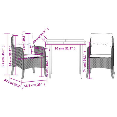 vidaXL Ensemble à manger de jardin 3 pcs coussins gris résine tressée