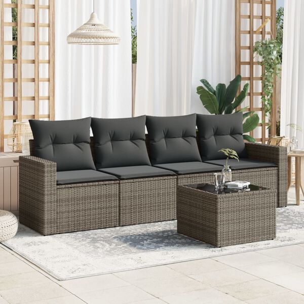 vidaXL Salon de jardin 5 pcs avec coussins gris r&eacute;sine tress&eacute;e