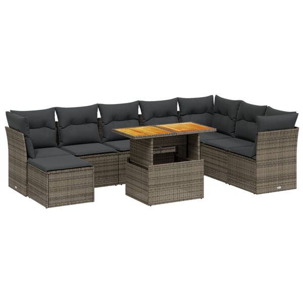 vidaXL Salon de jardin 9 pcs avec coussins gris r&eacute;sine tress&eacute;e