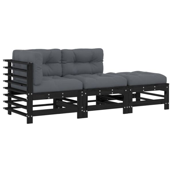 vidaXL Salon de jardin 3 pcs avec coussins noir bois massif