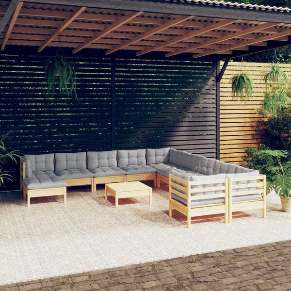 vidaXL Salon de jardin 12 pcs avec coussins gris Bois de pin