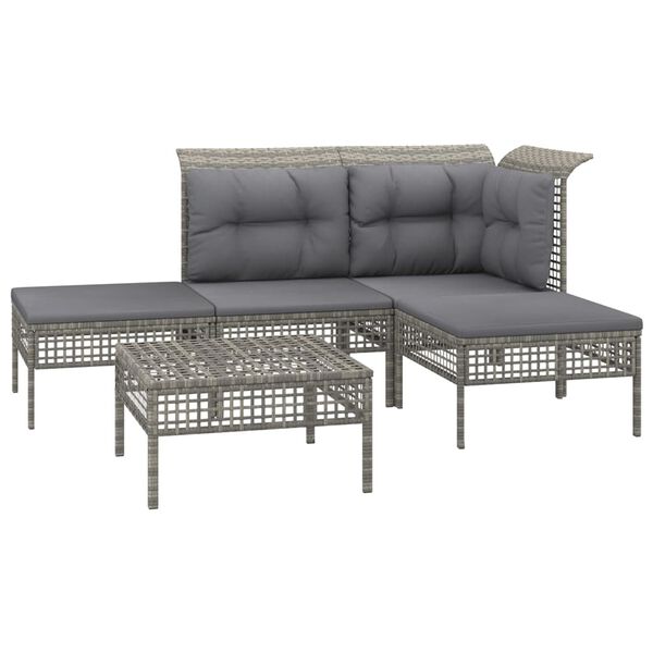vidaXL Salon de jardin 5 pcs avec coussins Gris R&eacute;sine tress&eacute;e