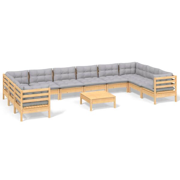 vidaXL Salon de jardin 11 pcs avec coussins gris bois de pin