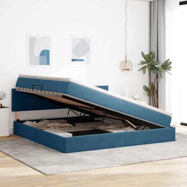 vidaXL Lit avec rangement et LED Bleu fonc&eacute; 200 x 200 cm Velours