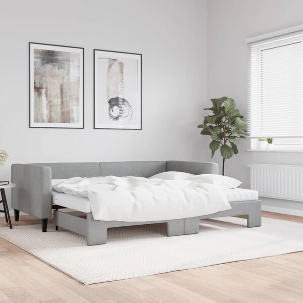 vidaXL Lit de jour avec gigogne et matelas gris clair 90x190 cm tissu