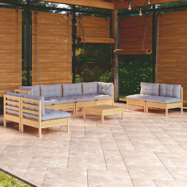 vidaXL Salon de jardin 9 pcs avec coussins gris bois de pin massif