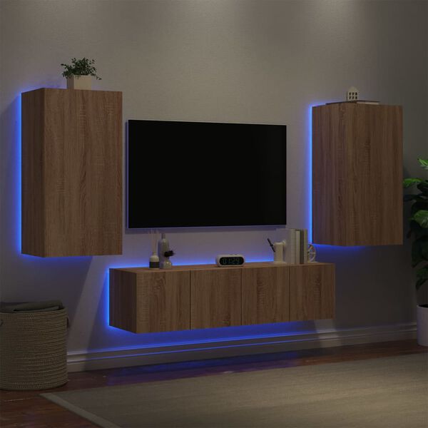 vidaXL Unit&eacute;s murales TV avec LED 4 pcs ch&ecirc;ne sonoma bois d'ing&eacute;nierie