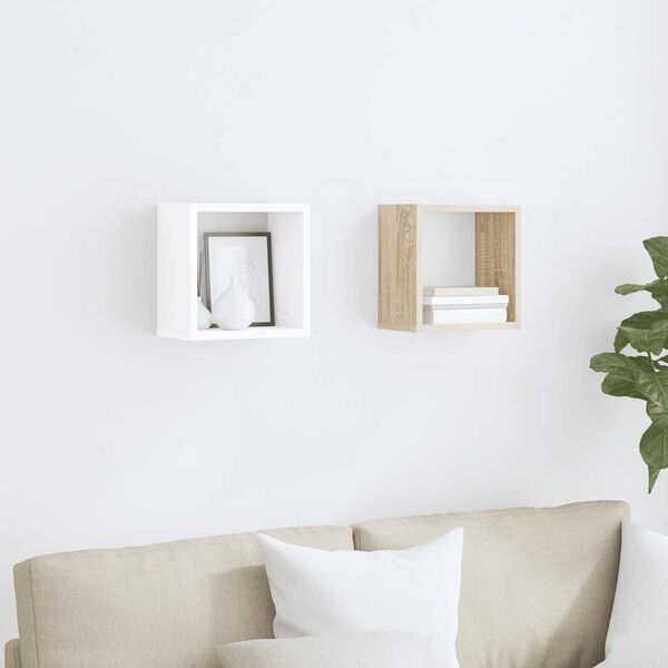 vidaXL &Eacute;tag&egrave;res cube murales 2 pcs Blanc et ch&ecirc;ne sonoma 26x15x26 cm