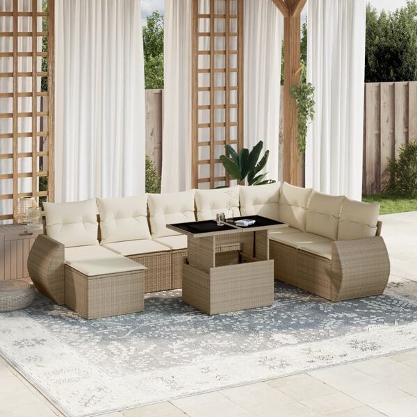 vidaXL Salon de jardin avec coussins 9 pcs beige r&eacute;sine tress&eacute;e