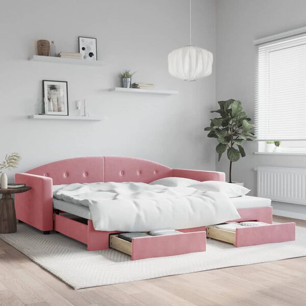 vidaXL Lit de jour avec gigogne et tiroirs rose 100x200 cm velours