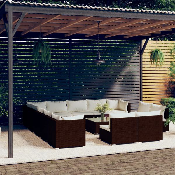 vidaXL Salon de jardin 14 pcs avec coussins Marron R&eacute;sine tress&eacute;e