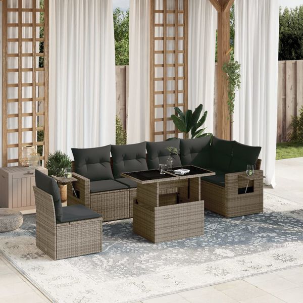 vidaXL Salon de jardin avec coussins 7 pcs gris r&eacute;sine tress&eacute;e