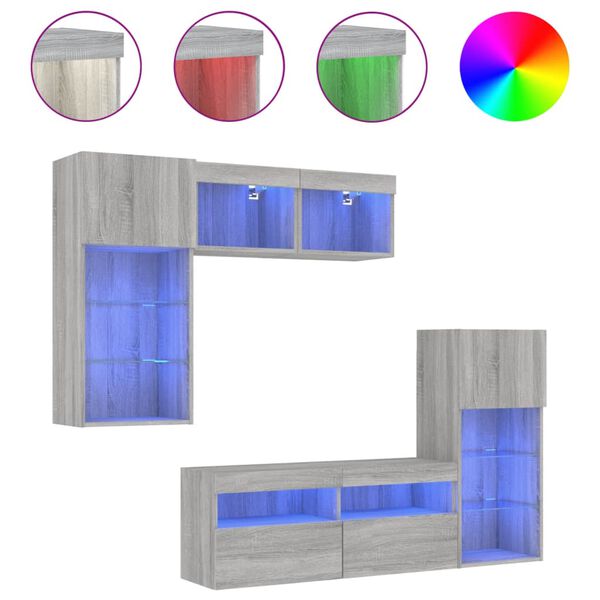 vidaXL Unit&eacute;s murales TV avec LED 5 pcs gris sonoma bois d'ing&eacute;nierie