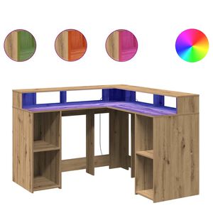 vidaXL Bureau avec lumi&egrave;res LED ch&ecirc;ne artisanal bois d'ing&eacute;nierie
