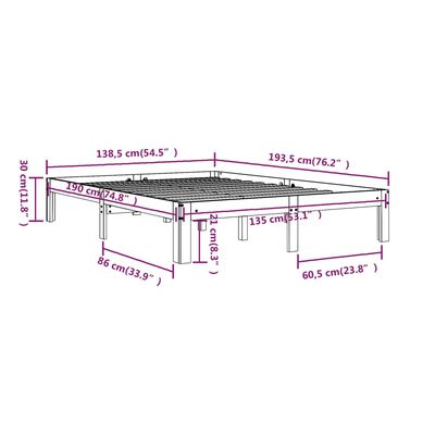 vidaXL Cadre de lit Noir Bois massif 135x190 cm Double