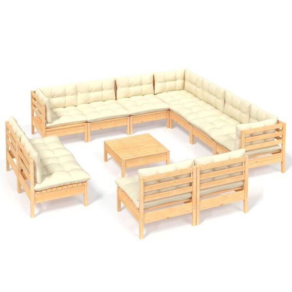 vidaXL Salon de jardin 12 pcs avec coussins cr&egrave;me Bois de pin massif