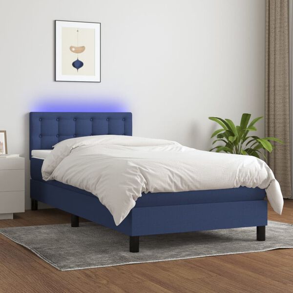vidaXL Sommier &agrave; lattes de lit avec matelas et LED Bleu 90x190cm Tissu
