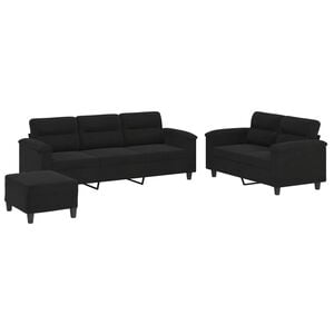 vidaXL Ensemble de canap&eacute;s 3 pcs avec coussins noir tissu microfibre
