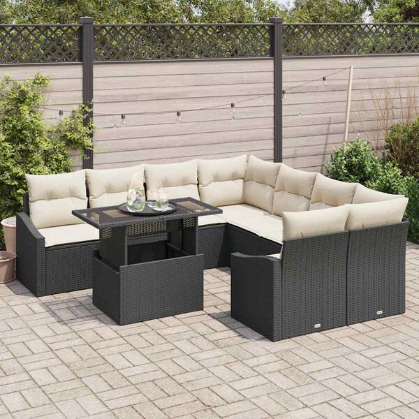 vidaXL Ensemble de canap&eacute; de jardin 9 pcs Noir et Cr&egrave;me polyrotin