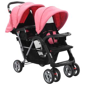 vidaXL Poussette &agrave; deux places rose et noir acier